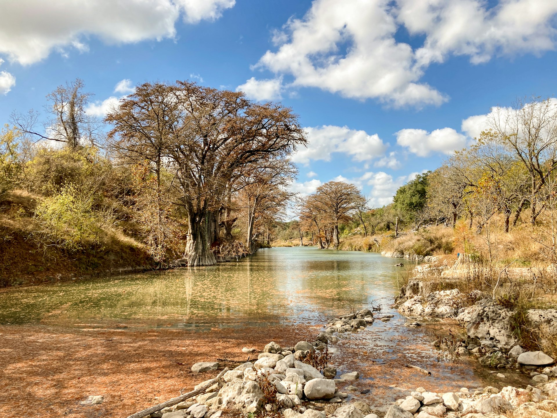 The clear green water of a Texas Hill Country river beneath cypress trees and limestone banks.